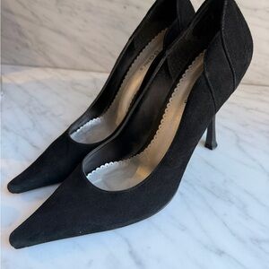BCBGirls Black Suede Heels with Art Deco details